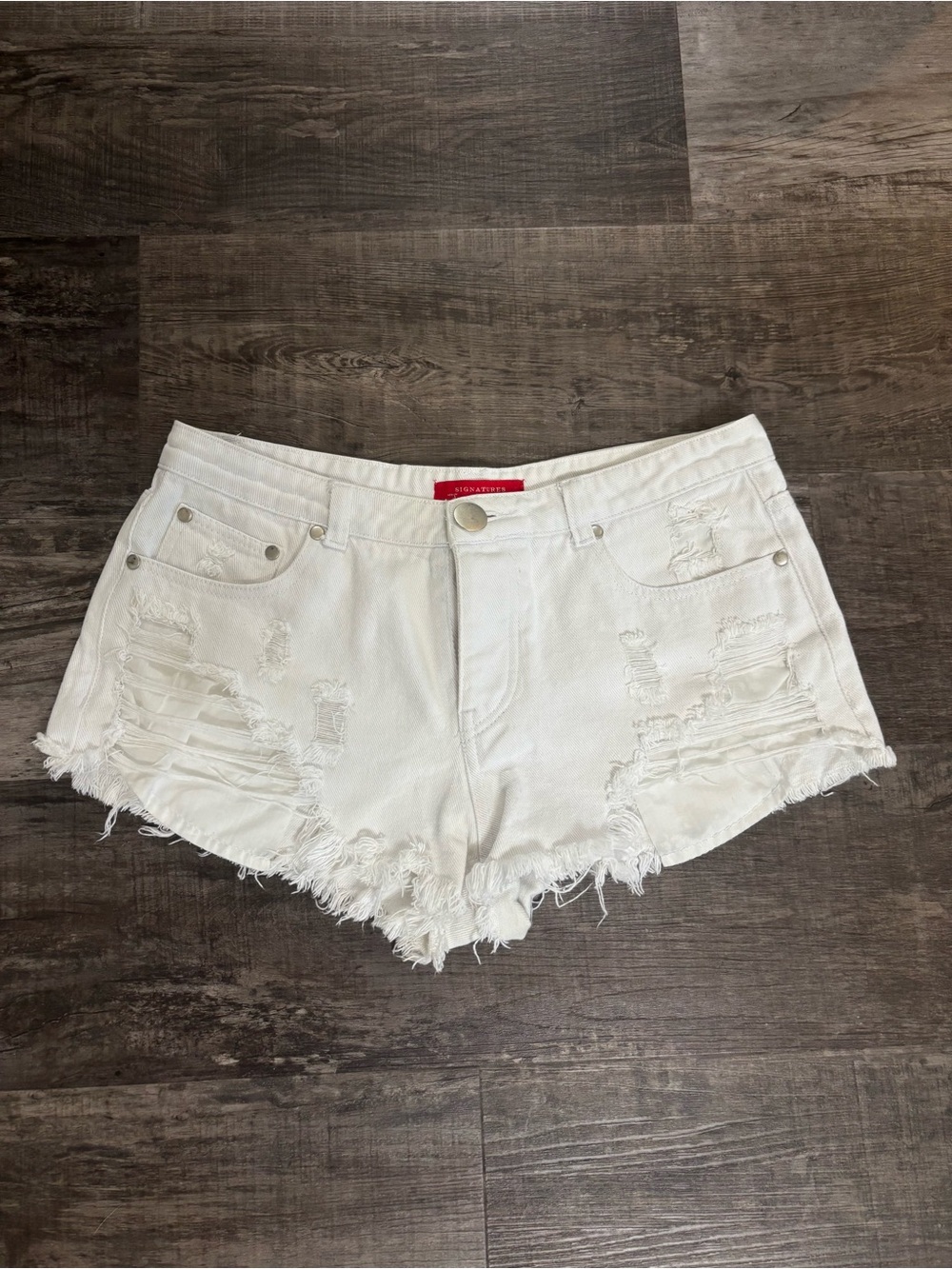 Signature8 White Distressed Frayed Denim Shorts